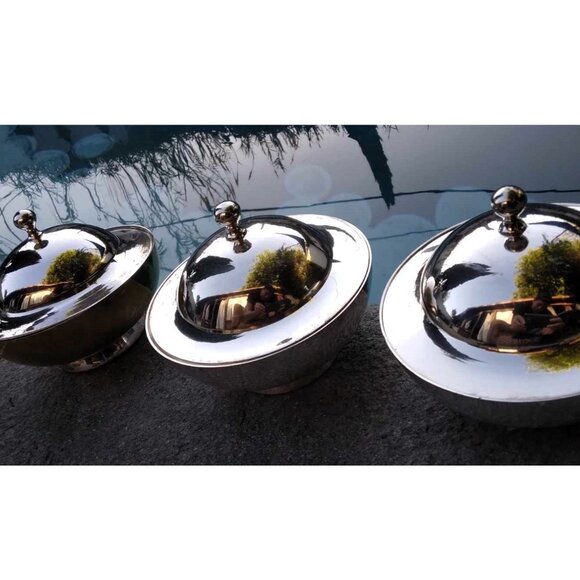 Cool MCM William Adams Towle Co. set of 3 Double Lidded Silver Plate Bowls - Picture 3 of 8